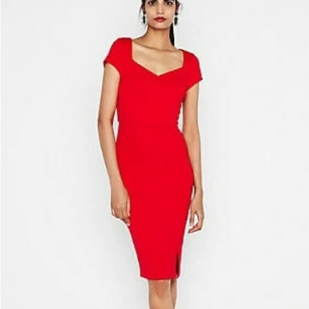 Express Ribbed Puff Shoulder Sweetheart Sheath Dress